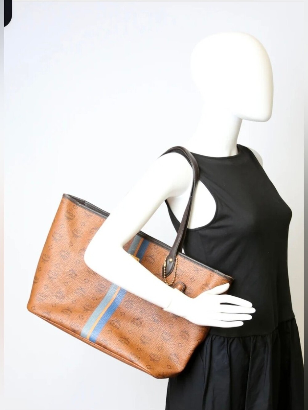 MCM Visetos Dog Bone Striped Shopper Tote Bag - Picture 3 of 17